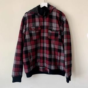O'Neill Wool Bomber Jacket Red Black Size XL Plaid Flannel Coat Skater Grunge